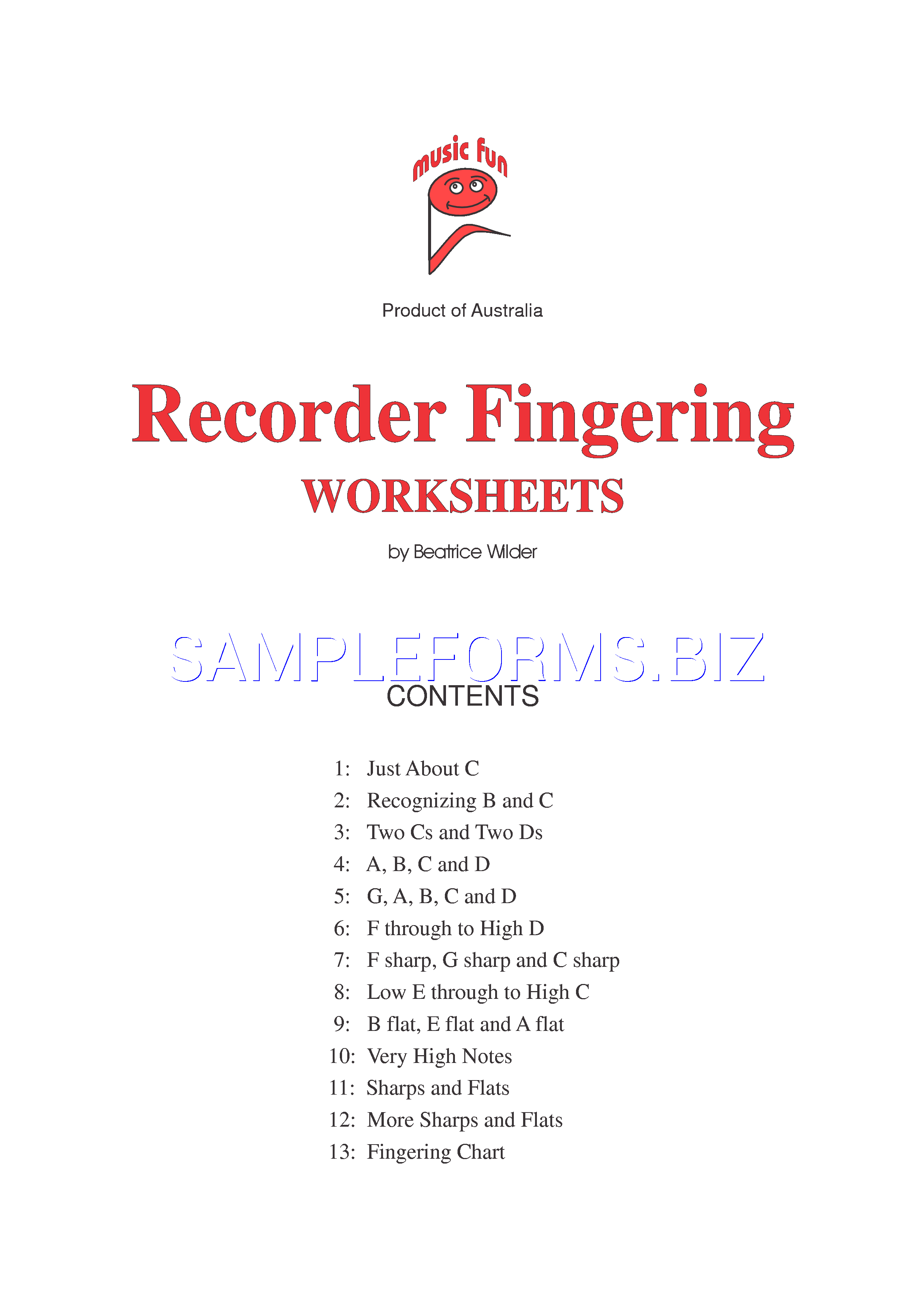 Preview free downloadable Recorder Fingering Worksheets in PDF (page 1)